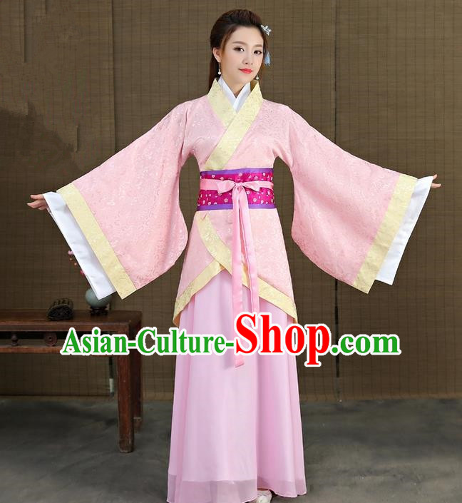 Traditional Asian Chinese Ancient Han Dynasty Imperial Princess Costume, China Elegant Hanfu Clothing Fairy Noble Lady Embroidered Pink Dress Clothing