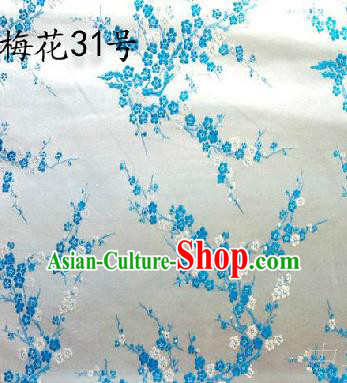 Asian Chinese Traditional Embroidery Blue Plum Blossom White Silk Fabric, Top Grade Brocade Embroidered Tang Suit Hanfu Dress Fabric Cheongsam Cloth Material