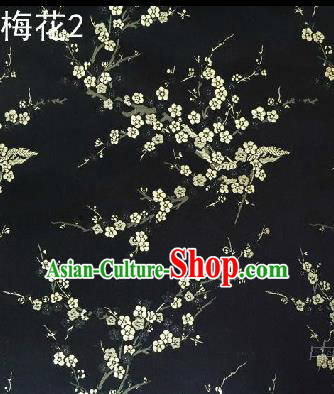 Asian Chinese Traditional Embroidery White Plum Blossom Black Silk Fabric, Top Grade Brocade Embroidered Tang Suit Hanfu Dress Fabric Cheongsam Cloth Material