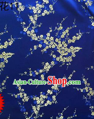 Asian Chinese Traditional Embroidery White Plum Blossom Royalblue Silk Fabric, Top Grade Brocade Embroidered Tang Suit Hanfu Dress Fabric Cheongsam Cloth Material
