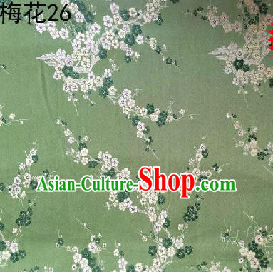 Asian Chinese Traditional Embroidery White Plum Blossom Light Green Silk Fabric, Top Grade Brocade Embroidered Tang Suit Hanfu Dress Fabric Cheongsam Cloth Material
