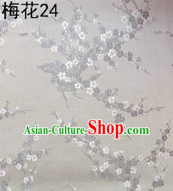 Asian Chinese Traditional Embroidery Grey Plum Blossom White Silk Fabric, Top Grade Brocade Embroidered Tang Suit Hanfu Dress Fabric Cheongsam Cloth Material