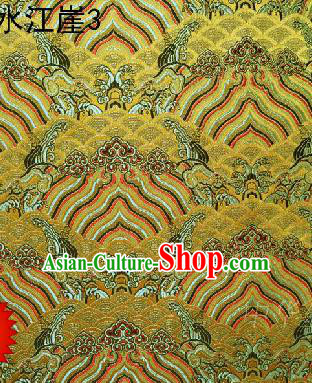 Asian Chinese Traditional Hill Sea Golden Silk Fabric, Top Grade Arhat Bed Brocade Satin Tang Suit Hanfu Dress Fabric Cheongsam Cloth Material