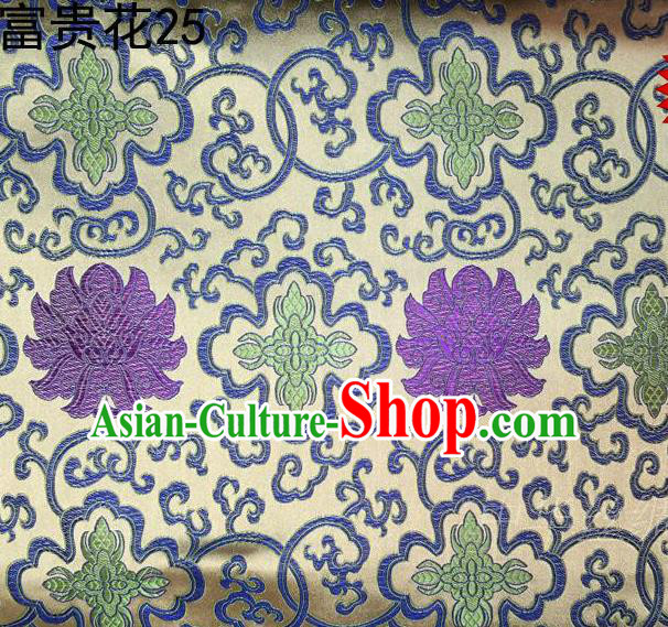 Asian Chinese Traditional Purple Riches and Honour Flowers White Embroidered Silk Fabric, Top Grade Arhat Bed Brocade Satin Tang Suit Hanfu Dress Fabric Cheongsam Cloth Material