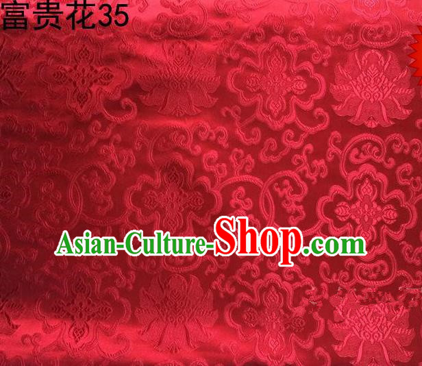 Asian Chinese Traditional Riches and Honour Flowers Red Embroidered Silk Fabric, Top Grade Arhat Bed Brocade Satin Tang Suit Hanfu Dress Fabric Cheongsam Cloth Material