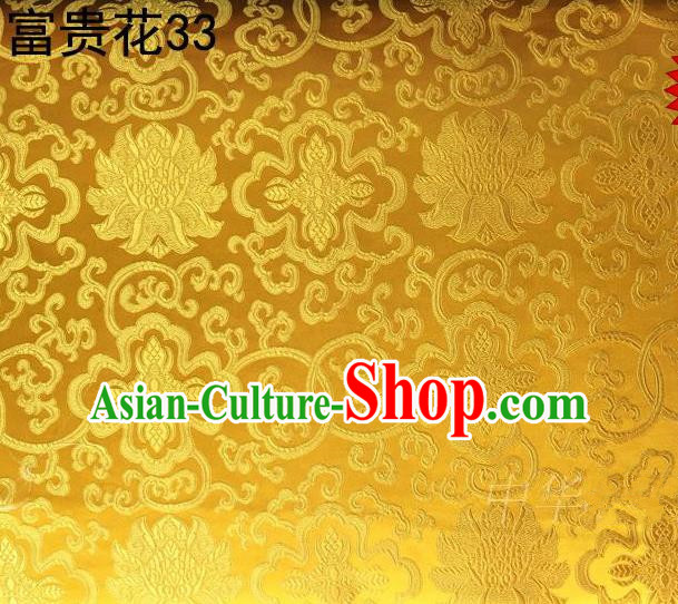 Asian Chinese Traditional Riches and Honour Flowers Golden Embroidered Silk Fabric, Top Grade Arhat Bed Brocade Satin Tang Suit Hanfu Dress Fabric Cheongsam Cloth Material