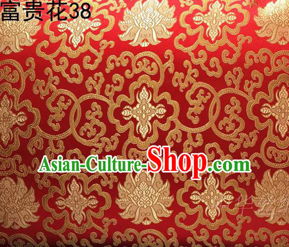 Asian Chinese Traditional Golden Riches and Honour Flowers Embroidered Red Silk Fabric, Top Grade Arhat Bed Brocade Satin Tang Suit Hanfu Dress Fabric Cheongsam Cloth Material