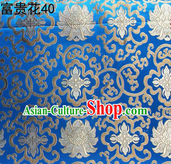 Asian Chinese Traditional Golden Riches and Honour Flowers Embroidered Blue Silk Fabric, Top Grade Arhat Bed Brocade Satin Tang Suit Hanfu Dress Fabric Cheongsam Cloth Material