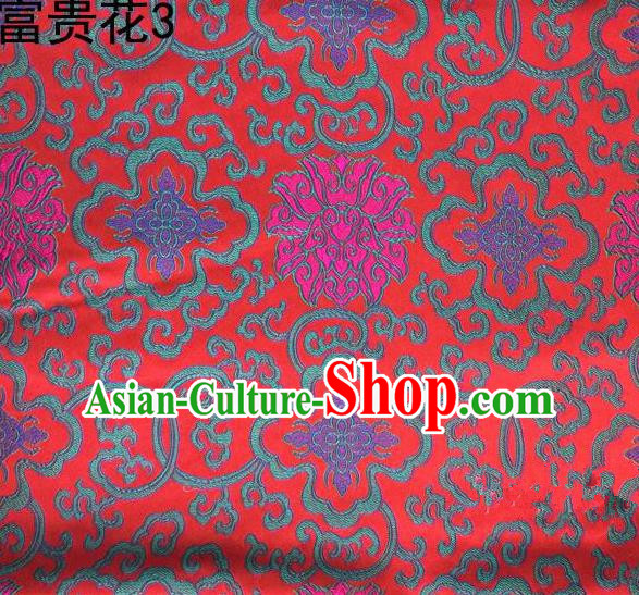 Asian Chinese Traditional Purple Riches and Honour Flowers Embroidered Red Silk Fabric, Top Grade Arhat Bed Brocade Satin Tang Suit Hanfu Dress Fabric Cheongsam Cloth Material