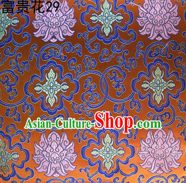 Asian Chinese Traditional Riches and Honour Flowers Embroidered Orange Silk Fabric, Top Grade Arhat Bed Brocade Satin Tang Suit Hanfu Dress Fabric Cheongsam Cloth Material