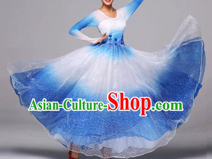 Chinese Classic Stage Performance Dance Costumes, Opening Dance Competition Blue Dress, Folk Dance Classic Big Swing Clothing for Women