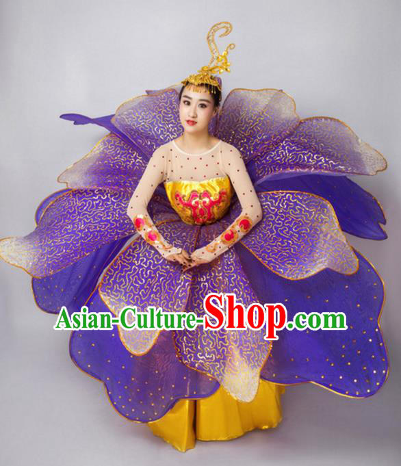 Chinese Classic Stage Performance Dance Costumes, Opening Dance Folk Dance Classic Big Swing Purple Dress for Women