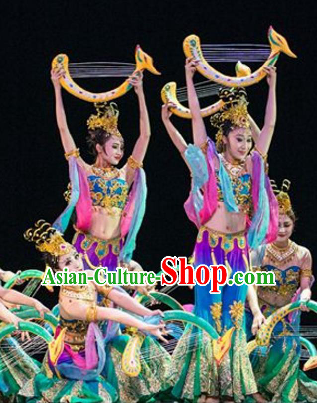 Traditional Chinese Classical Dance Dunhuang Flying apsaras Dance Costume, Folk Dance Drum Dance Uniform Yangko Green Clothing Complete Set for Women