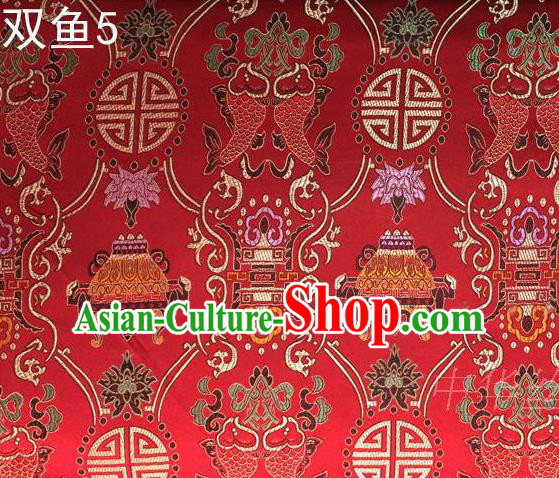 Asian Chinese Traditional Embroidery Colorful Longevity Red Satin Silk Fabric, Top Grade Brocade Tang Suit Hanfu Princess Dress Fabric Cheongsam Mattress Cloth Material