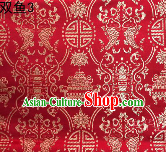 Asian Chinese Traditional Embroidery Golden Longevity Red Satin Silk Fabric, Top Grade Brocade Tang Suit Hanfu Princess Dress Fabric Cheongsam Mattress Cloth Material