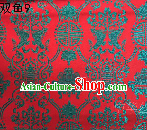 Asian Chinese Traditional Embroidery Green Longevity Red Satin Silk Fabric, Top Grade Brocade Tang Suit Hanfu Princess Dress Fabric Cheongsam Mattress Cloth Material