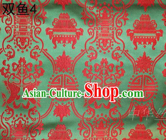 Asian Chinese Traditional Embroidery Red Longevity Green Satin Silk Fabric, Top Grade Brocade Tang Suit Hanfu Princess Dress Fabric Cheongsam Mattress Cloth Material