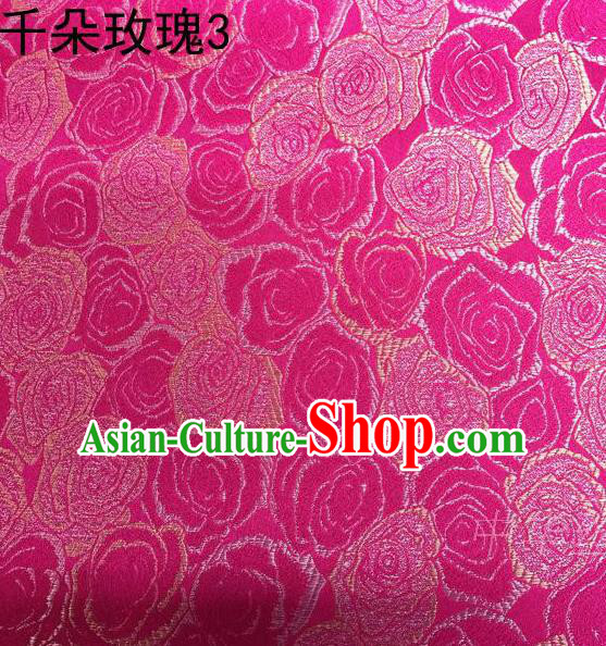 Asian Chinese Traditional Jacquard Weave Rose Flowers Rosy Satin Mulberry Silk Fabric, Top Grade Brocade Tang Suit Hanfu Princess Dress Fabric Cheongsam Cloth Material