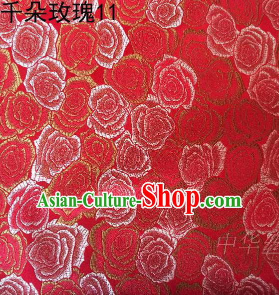 Asian Chinese Traditional Jacquard Weave Rose Flowers Red Satin Mulberry Silk Fabric, Top Grade Brocade Tang Suit Hanfu Princess Dress Fabric Cheongsam Cloth Material