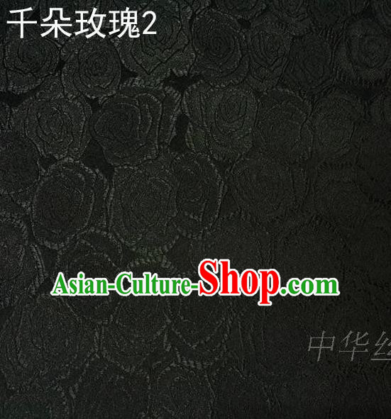 Asian Chinese Traditional Jacquard Weave Rose Flowers Black Satin Mulberry Silk Fabric, Top Grade Brocade Tang Suit Hanfu Princess Dress Fabric Cheongsam Cloth Material