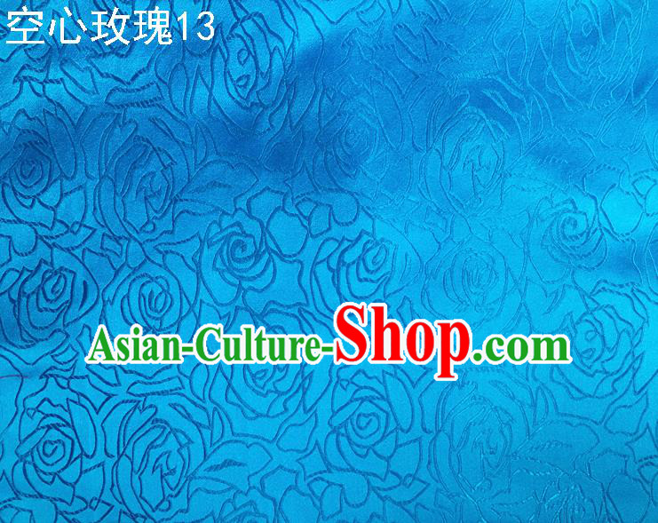 Asian Chinese Traditional Jacquard Weave Rose Flowers Blue Satin Silk Fabric, Top Grade Brocade Tang Suit Hanfu Coat Dress Fabric Cheongsam Cloth Material