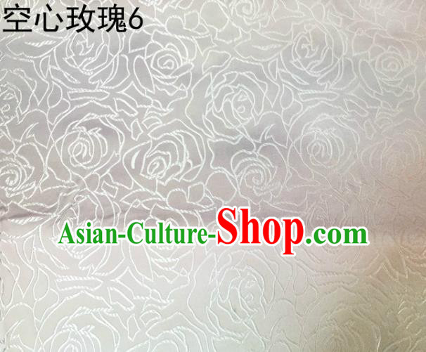 Asian Chinese Traditional Jacquard Weave Embroidered Rose Flowers White Satin Silk Fabric, Top Grade Brocade Tang Suit Hanfu Coat Dress Fabric Cheongsam Cloth Material