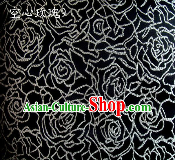 Asian Chinese Traditional Jacquard Weave Embroidered White Rose Flowers Black Satin Silk Fabric, Top Grade Brocade Tang Suit Hanfu Coat Dress Fabric Cheongsam Cloth Material