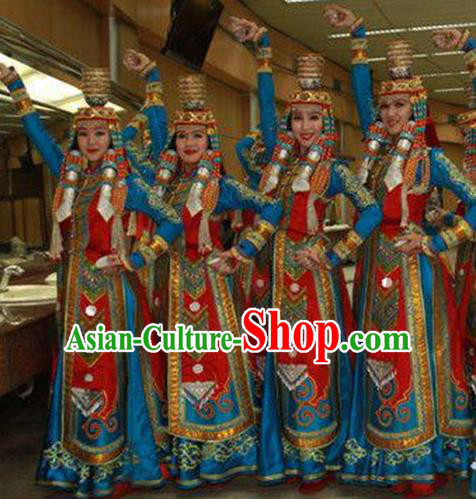 Traditional Chinese Mongol Nationality Dancing Costume, Mongols Female Folk Dance Ethnic Pleated Skirt, Chinese Mongolian Minority Nationality Embroidery Costume for Women