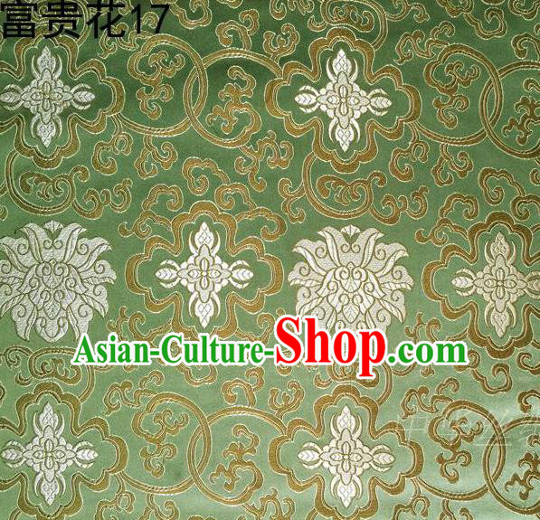 Asian Chinese Traditional White Riches and Honour Flowers Embroidered Green Silk Fabric, Top Grade Arhat Bed Brocade Satin Tang Suit Hanfu Dress Fabric Cheongsam Cloth Material