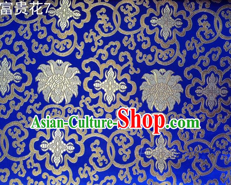 Asian Chinese Traditional Riches and Honour Flowers Embroidered Royalblue Silk Fabric, Top Grade Arhat Bed Brocade Satin Tang Suit Hanfu Dress Fabric Cheongsam Cloth Material