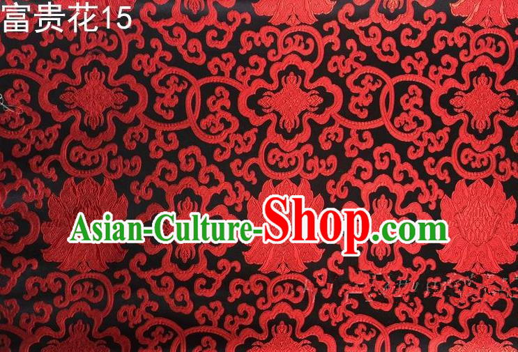 Asian Chinese Traditional Red Riches and Honour Flowers Embroidered Black Silk Fabric, Top Grade Arhat Bed Brocade Satin Tang Suit Hanfu Dress Fabric Cheongsam Cloth Material