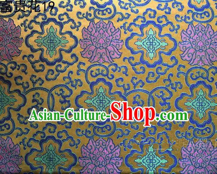 Asian Chinese Traditional Purple Riches and Honour Flowers Embroidered Golden Silk Fabric, Top Grade Arhat Bed Brocade Satin Tang Suit Hanfu Dress Fabric Cheongsam Cloth Material