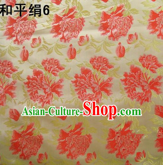 Asian Chinese Traditional Embroidered Red Flowers Golden Silk Fabric, Top Grade Arhat Bed Brocade Tang Suit Hanfu Dress Fabric Cheongsam Cloth Material