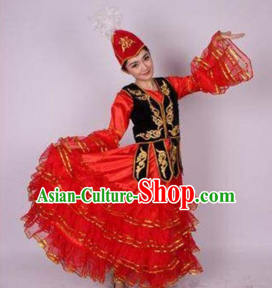 Traditional Chinese Uyghur Nationality Dance Costume, Folk Dance Ethnic Clothing, Chinese Minority Nationality Uigurian Dance Red Dress for Women