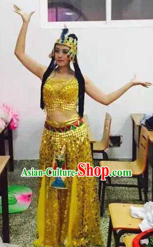 Traditional Indian Classical Dance Costume, India Belly Dance Golden Dress for Women