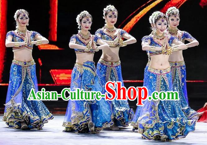 Traditional Indian Classical Dance Costume, India Belly Dance Raks Sharki Blue Dress for Women