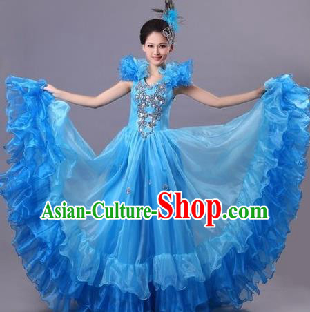 Chinese Classic Stage Performance Dance Costumes, Opening Dance Competition Blue Dress, Folk Dance Classic Big Swing Dance Clothing for Women