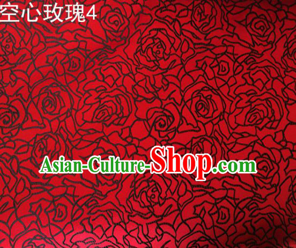 Asian Chinese Traditional Jacquard Weave Embroidered Black Rose Flowers Red Satin Silk Fabric, Top Grade Brocade Tang Suit Hanfu Coat Dress Fabric Cheongsam Cloth Material