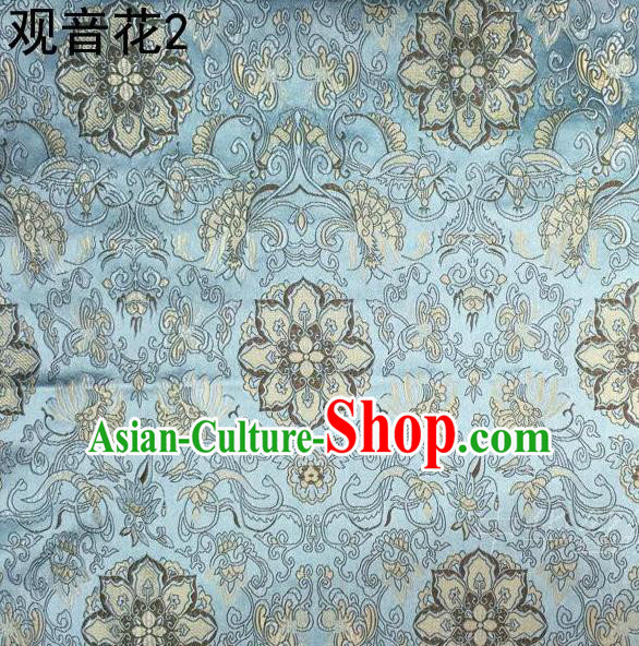 Asian Chinese Traditional Embroidering Avalokitesvara Flowers Thangka Satin Light Blue Silk Fabric, Top Grade Brocade Tang Suit Hanfu Full Dress Fabric Cheongsam Cloth Material