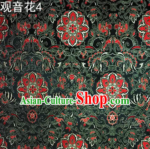 Asian Chinese Traditional Embroidering Avalokitesvara Flowers Thangka Satin Deep Green Silk Fabric, Top Grade Brocade Tang Suit Hanfu Full Dress Fabric Cheongsam Cloth Material