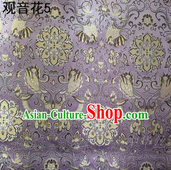 Asian Chinese Traditional Embroidering Avalokitesvara Flowers Thangka Satin Lilac Silk Fabric, Top Grade Brocade Tang Suit Hanfu Full Dress Fabric Cheongsam Cloth Material