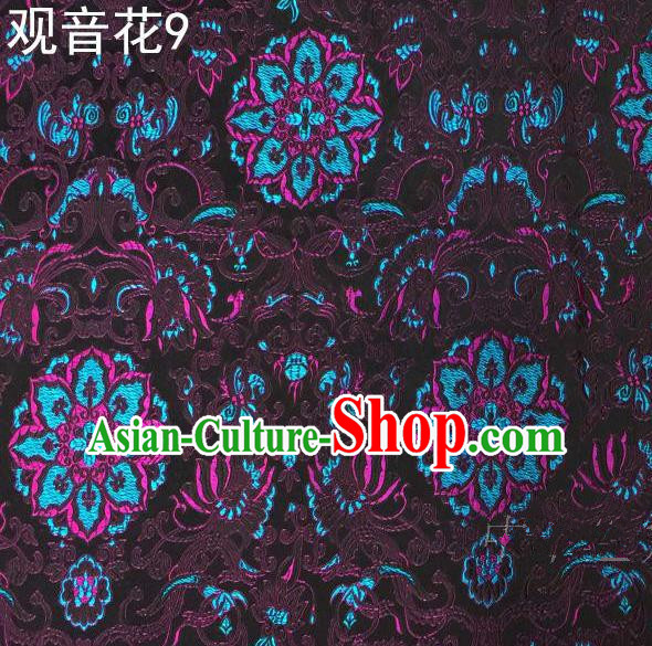 Asian Chinese Traditional Embroidering Avalokitesvara Flowers Thangka Satin Purple Silk Fabric, Top Grade Brocade Tang Suit Hanfu Full Dress Fabric Cheongsam Cloth Material