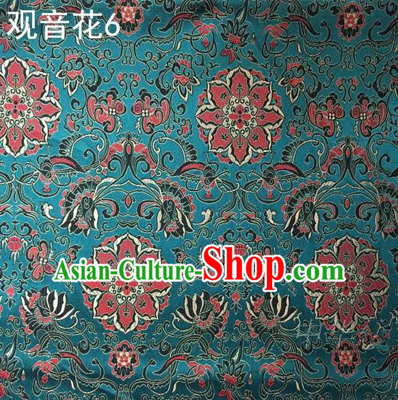 Asian Chinese Traditional Embroidering Avalokitesvara Flowers Thangka Satin Green Silk Fabric, Top Grade Brocade Tang Suit Hanfu Full Dress Fabric Cheongsam Cloth Material