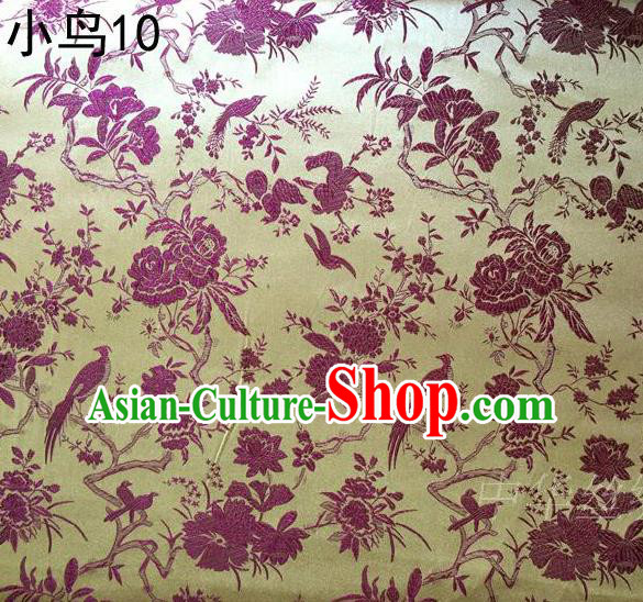 Asian Chinese Traditional Embroidery Purple Magpie Plum Blossom Satin Golden Silk Fabric, Top Grade Brocade Tang Suit Hanfu Full Dress Fabric Cheongsam Cloth Material