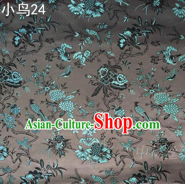 Asian Chinese Traditional Embroidery Magpie Peony Satin Grey Silk Fabric, Top Grade Brocade Tang Suit Hanfu Full Dress Fabric Cheongsam Cloth Material