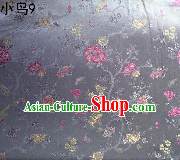 Asian Chinese Traditional Embroidery Magpie Peony Satin Sliver Silk Fabric, Top Grade Brocade Tang Suit Hanfu Full Dress Fabric Cheongsam Cloth Material