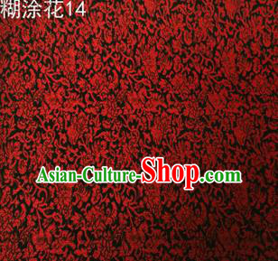 Asian Chinese Traditional Embroidering Red Flower Black Xiuhe Suit Satin Thangka Silk Fabric, Top Grade Brocade Tang Suit Hanfu Dress Fabric Cheongsam Cloth Material