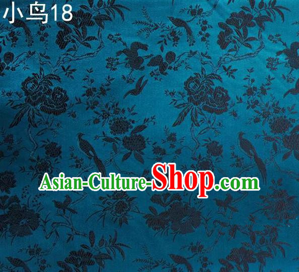 Asian Chinese Traditional Embroidery Black Magpie Peony Satin Blue Silk Fabric, Top Grade Brocade Tang Suit Hanfu Full Dress Fabric Cheongsam Cloth Material