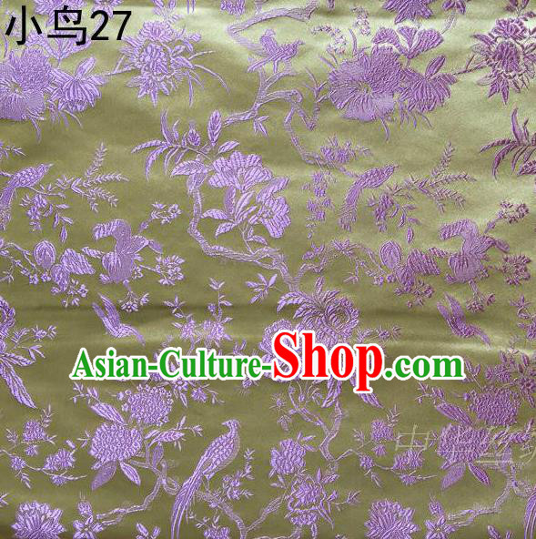 Asian Chinese Traditional Embroidery Pink Magpie Peony Satin Yellow Silk Fabric, Top Grade Brocade Tang Suit Hanfu Full Dress Fabric Cheongsam Cloth Material