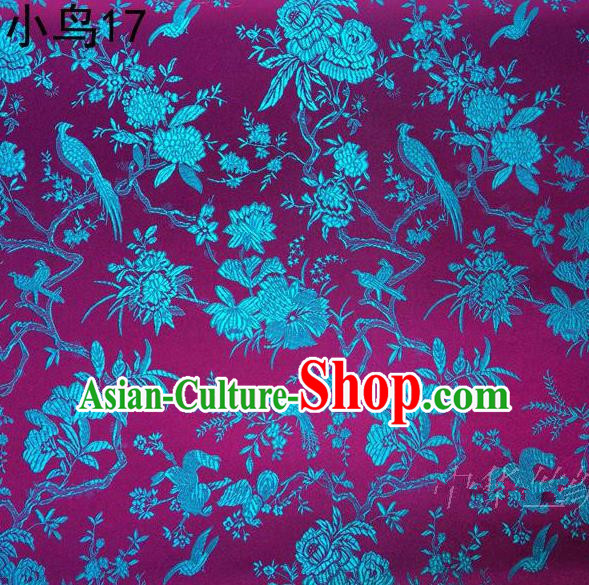 Asian Chinese Traditional Embroidery Blue Magpie Peony Satin Rosy Silk Fabric, Top Grade Brocade Tang Suit Hanfu Full Dress Fabric Cheongsam Cloth Material